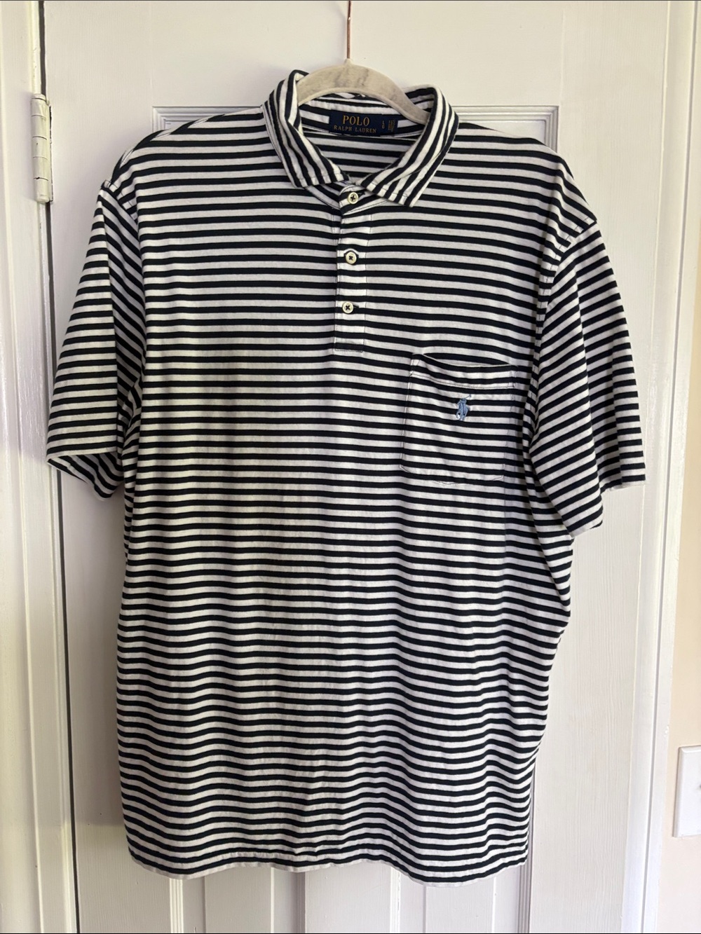 Polo by Ralph Lauren Navy Blue & White Striped Pocket Polo